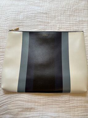 Furla White Leather Pouch with Navy and Gray Vertical Stripes, EUC